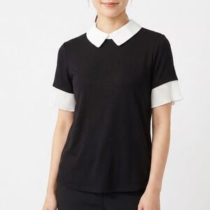 Misia Blouse Womens PM Black White Stretch Contrast Collar Casual Short Sleeve